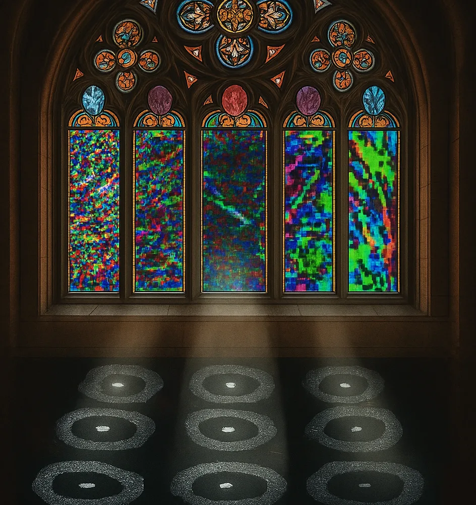 Artwork: 4D-STEM orientation maps of polymer lamellae rendered as stained-glass windows, with diffraction patterns cast on the floor