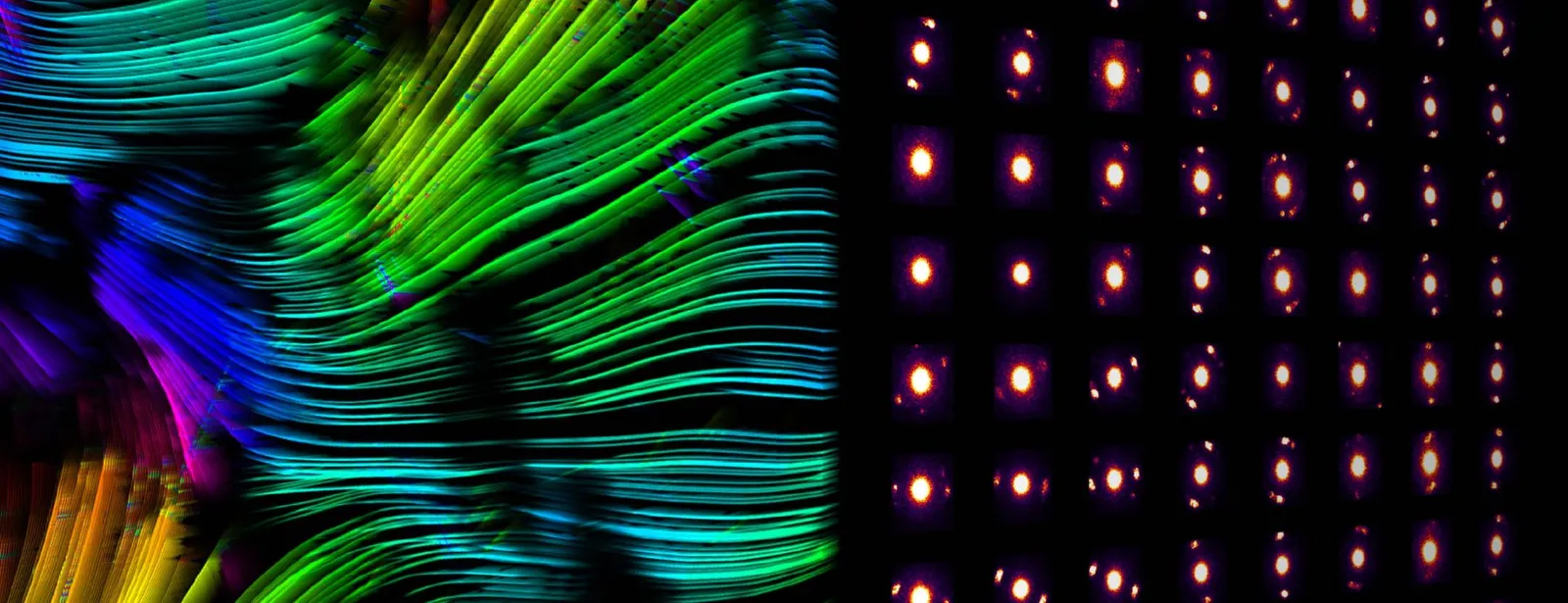 Artwork of a 4D-STEM dataset: flowing orientation streamlines beside a grid of diffraction patterns, one per probe position